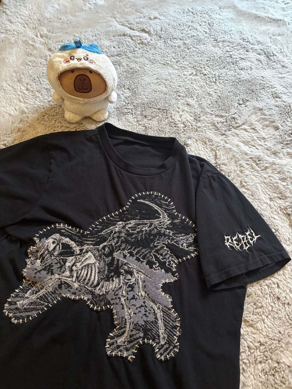 Rebel Graphic Skeleton Patchwork Black T-Shirt